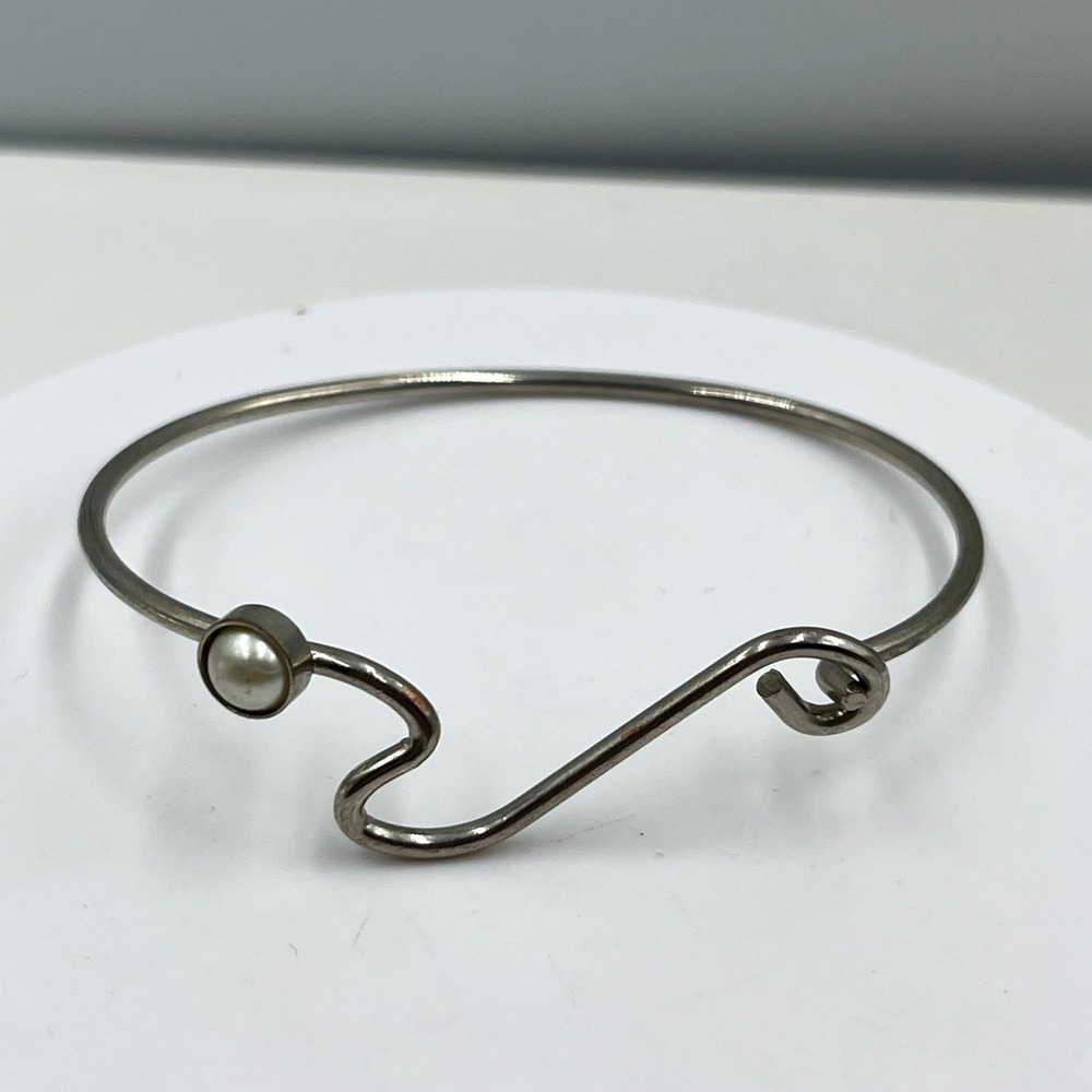 Vintage Silver Tone Faux Pearl Hook Bangle Bracelet Minimalist Modernist Jewelry
